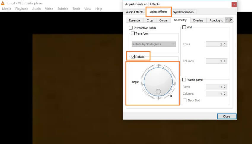 clique no efeito de vídeo em vlc